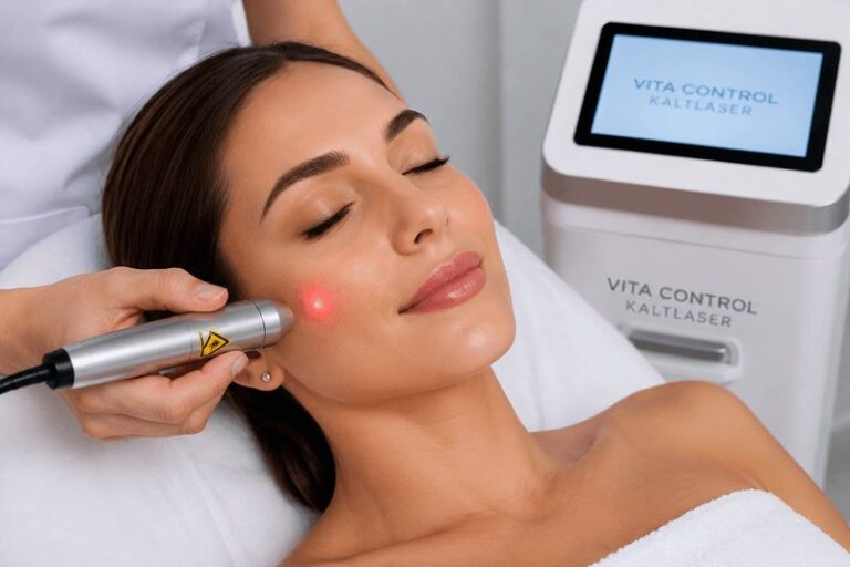Behandlung mit dem VitaControl Kaltlaser im Gesicht